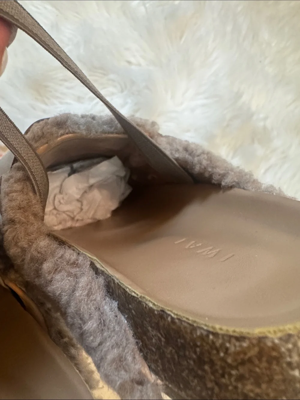 NWOT Size 30 IWAI Grey Fuzzy Slip-on Mules!
